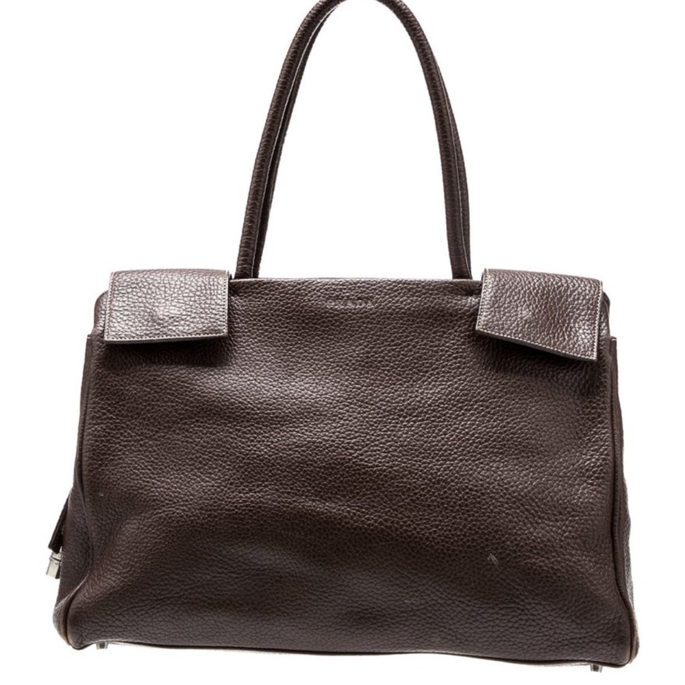 Authentic Prada Brown Leather Shoulder Bag with Structured Design